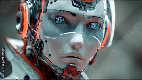 Close-up of Futuristic Female Cyborg Face with Blue Cybernetic Eye and Visor, AI and Robotics Concept