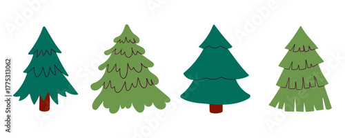 Simple Christmas tree set in cute flat cartoon style. Hand drawn New Year isolated fir trees isolate on white .