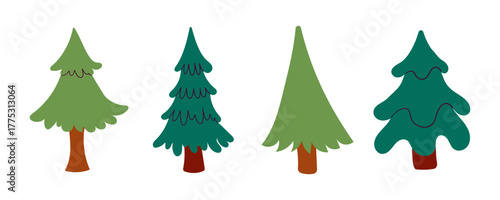 Simple Christmas tree set in cute flat cartoon style. Hand drawn New Year isolated fir trees isolate on white .