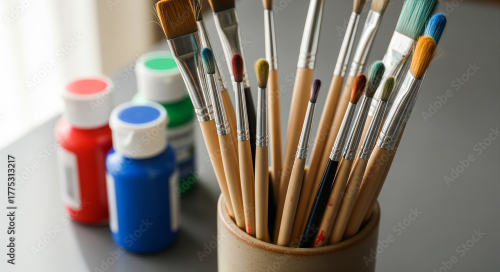 Fototapeta premium A collection of paintbrushes in a ceramic holder with colorful paint bottles, ready for artistic creation.