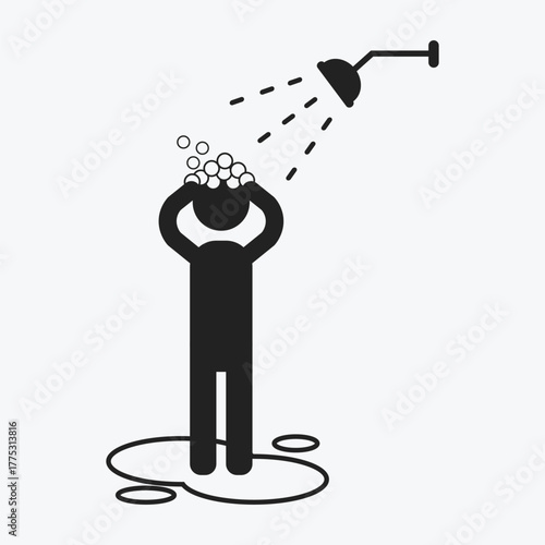 Isolated silhouette stick figure illustration of a person taking a shower for daily health activity icon.