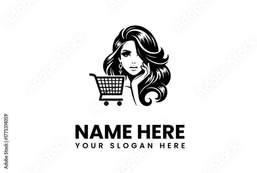 Elegant logo design featuring a beautiful woman with flowing hair and a shopping cart, a vector illustration concept for a beauty or fashion online store