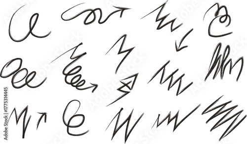 Sketchy black doodle arrows scribble swirl lines abstract marker strokes hand drawn wavy elements set graphic illustration transparent background