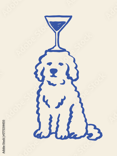 Dog with cocktail on head, naive sketch vector illustration