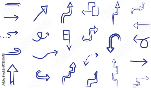 Sketchy blue doodle arrows set hand drawn directional pointers wavy zigzag curved lines graphic elements vector illustration transparent background
