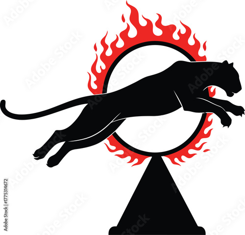 Powerful panther jumps through fiery hoop circus performance dynamic action vector