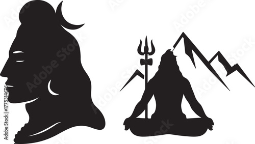 Silhouette of lord shiva meditating with trident and mountains