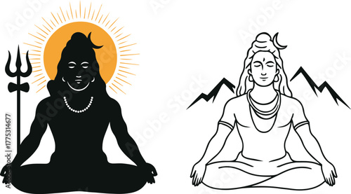 Meditating lord shiva silhouette and line art