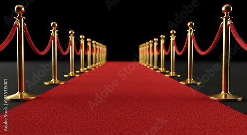 A long red carpet stretches into the distance, lined with stanchions and velvet ropes, creating an elegant pathway for vips