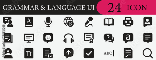 Language and Grammar UI Icon Set for translation, education, communication, proofreading, writing, and learning apps modern editable vector design