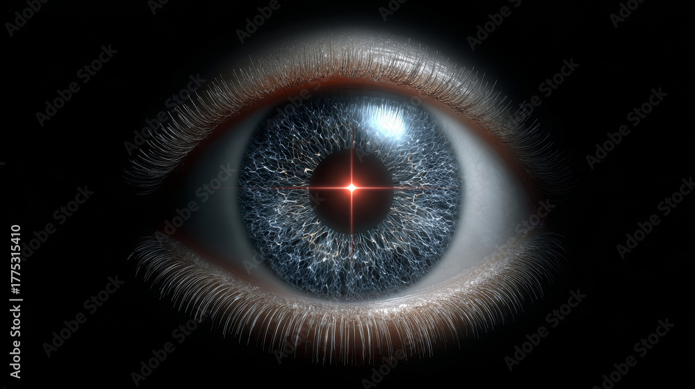 Fototapeta premium Lasik concept ,human eye blue iris macro closeup laser light glow dark background cyber human eye iris pupil retina sclera