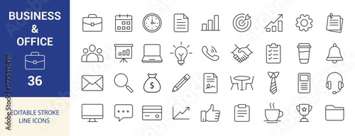 Business and Office Line Icon Set. Briefcase, Graph, Calendar, Laptop, Lightbulb, Document, Coffee Cup, and Teamwork Icons