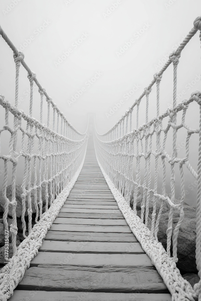 Obraz premium White rope bridge stretches into the fog over a winding river in a serene natural landscape