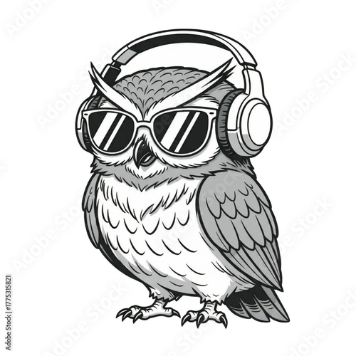 Cool Owl with Headphones and Sunglasses Vector Illustration