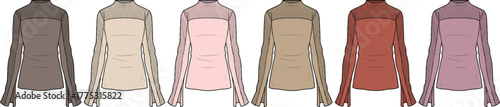 Women's long-sleeved blouses with high necklines and delicate lace details, presented as fashion illustrations in a diverse range of elegant color options for apparel design