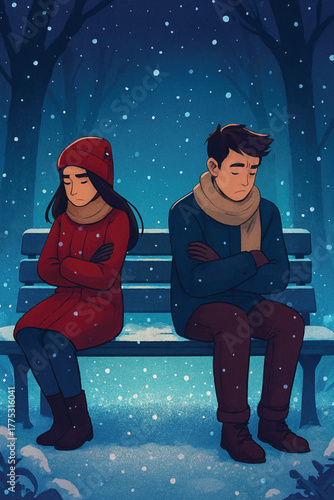 Couple sitting apart on snowy bench, emotional distance vector illustration