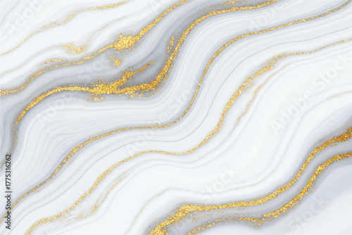 Elegant marbled texture with flowing white, grey, and shimmering gold veins, creating a luxurious and sophisticated abstract background. Vector