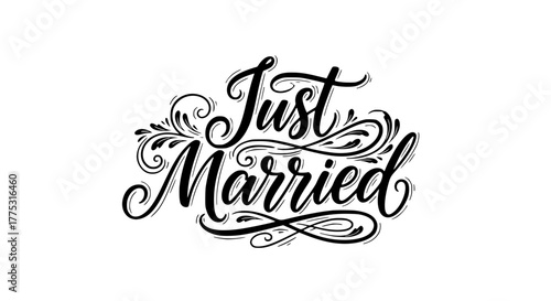 Elegant 'Just Married' typography with flourishes for wedding invitations, announcements, and celebratory designs, perfect for adding a touch of romance and sophistication