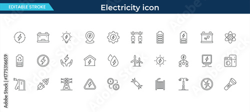 Power and electricity icons, energy source, battery, and renewable current vector