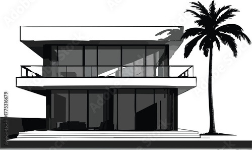 PrintModern minimalist house with large windows, balcony, patio, and tropical palm tree vector illustration