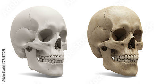 Two human skulls, one white and aged, on a background anatomy bo