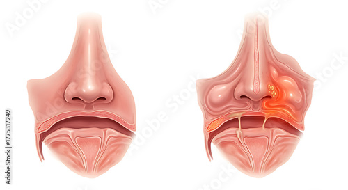Nasal polyps illustration, before and after treatment nose sinus