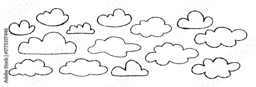 Outline Crayon Clouds set. Curvature Chalk Textured Freeform Hand Drawn. Isolated Childish naive Doodles on White Background. Vector illustration. Not AI
