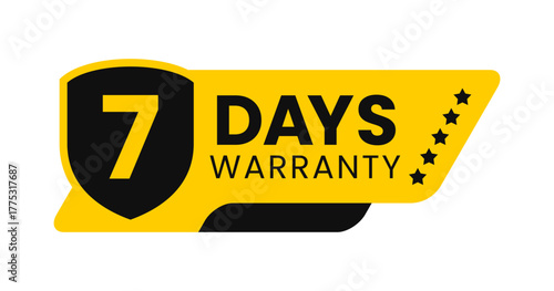 Modern 7 days warranty badge vector design in yellow and black with shield. Guarantee label icon logo for product packaging, advertisement, and marketing use