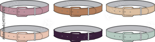 Set of elegant vector accessory belts, featuring various colors from pastel to dark tones with traditional buckles, suitable for fashion catalogs and digital apparel concepts