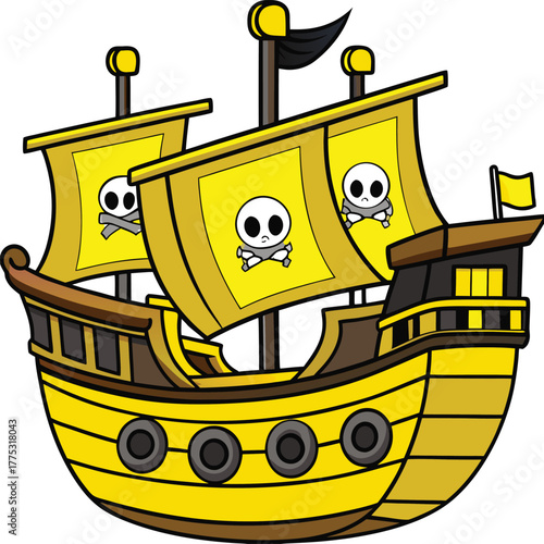 Cartoon pirate ship with yellow sails and skull and crossbones flags