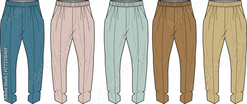 Vector illustration set of women's fleece joggers, showcasing a fashion flat technical drawing template in a variety of color palettes