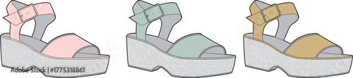 A fashion concept illustration featuring a set of colorful women's platform wedge sandals with ankle straps, isolated on a white background