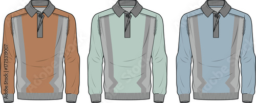 Men's long sleeve color block polo shirt fashion flat sketch set. Vector illustration of technical drawing for apparel design and clothing manufacturing