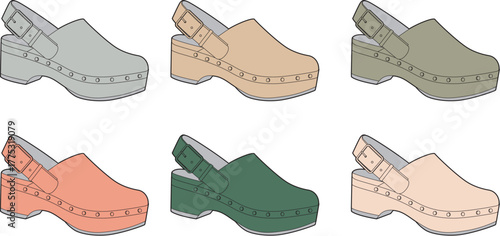 A diverse collection of classic clog footwear designs, showcasing various muted and natural color options with traditional wooden soles, offering comfortable and timeless style for everyday wear