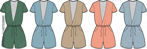 Fashion technical flat sketch set of a women's casual summer romper. Vector illustration template of a short sleeve V-neck playsuit in multiple colors