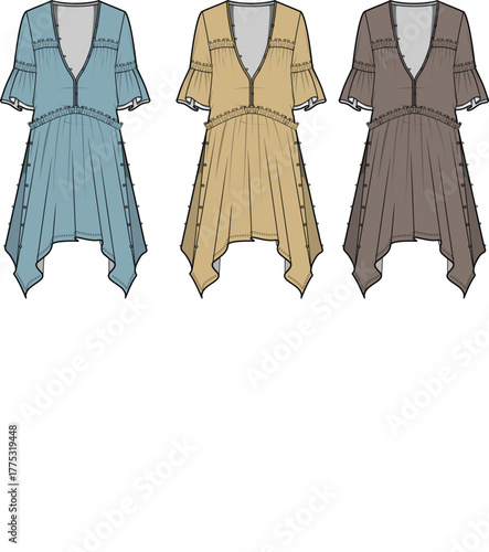 Set of women's bohemian tunic dress technical flat sketches. Fashion illustration of a V-neck, lace-trimmed dress with handkerchief hem in multiple colorways