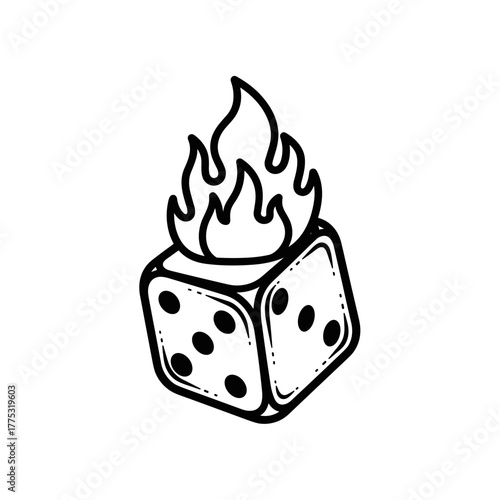 Dice with flames illustration in black and white style  