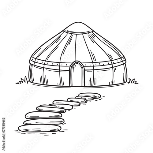 A yurt beside a path lined with stones