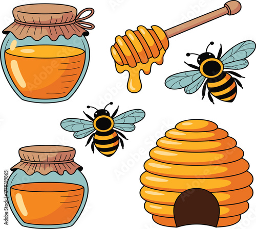 Honey and Bee Cartoon Vector Set - Glass Jars, Dipper, Bees, and Hive Illustration - Natural Organic Sweetener