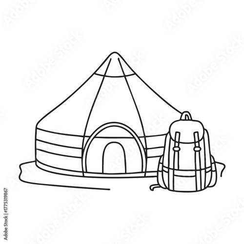 A yurt close to a backpack resting on the ground