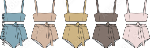 Fashionable high-waisted bikini sets in a variety of muted colors, featuring a square-neck top and adjustable tie-waist bottoms