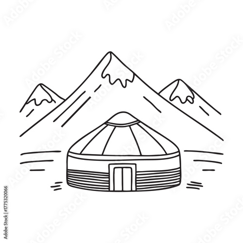 A yurt near a mountain range with snow capped peaks