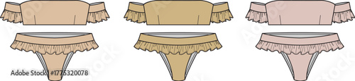 A collection of fashion design flat sketches for a women's two-piece swimwear set. The feminine design features an off-shoulder ruffled top and frilly bikini bottoms, shown in three colorways