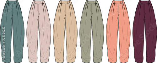 Vector flat sketches of women's pleated trousers in a diverse range of muted and pastel colors, showcasing a relaxed fit perfect for modern apparel design projects