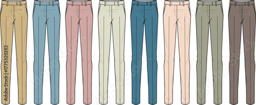 Collection of various colored trousers displayed in a row on a white background