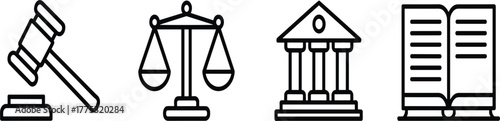 Justice and Law Line Icon Set - Gavel, Scale, Courthouse, and Law Book Vector Symbols - Legal System