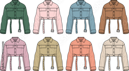 Collection of cropped jacket illustrations in various colors with belt detail