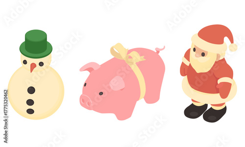 Marzipan confection, traditional Scandinavian Christmas sweets shaped as pig, snowman and Santa Claus - hand drawn isometric vector illustration.