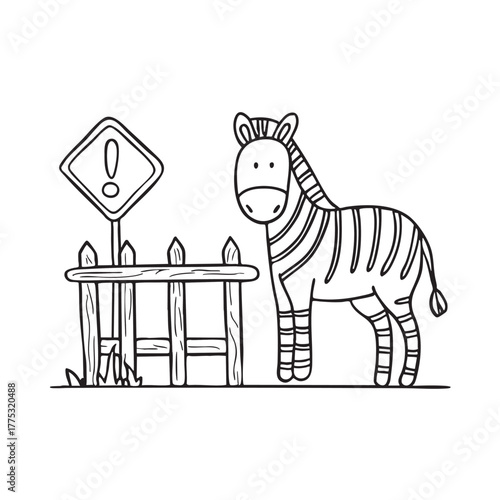 A zebra close to a fence with warning signs