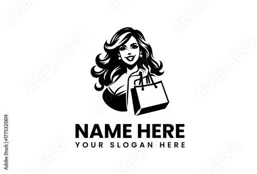 Chic Woman Holding Shopping Bag Logo - Elegant Female Silhouette with Retail Bag Illustration for Brand Identity